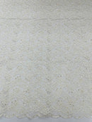 Floral Pearls and Sequins Fabric - Ivory - Beaded Fabric Embroidered Lace By The Yard