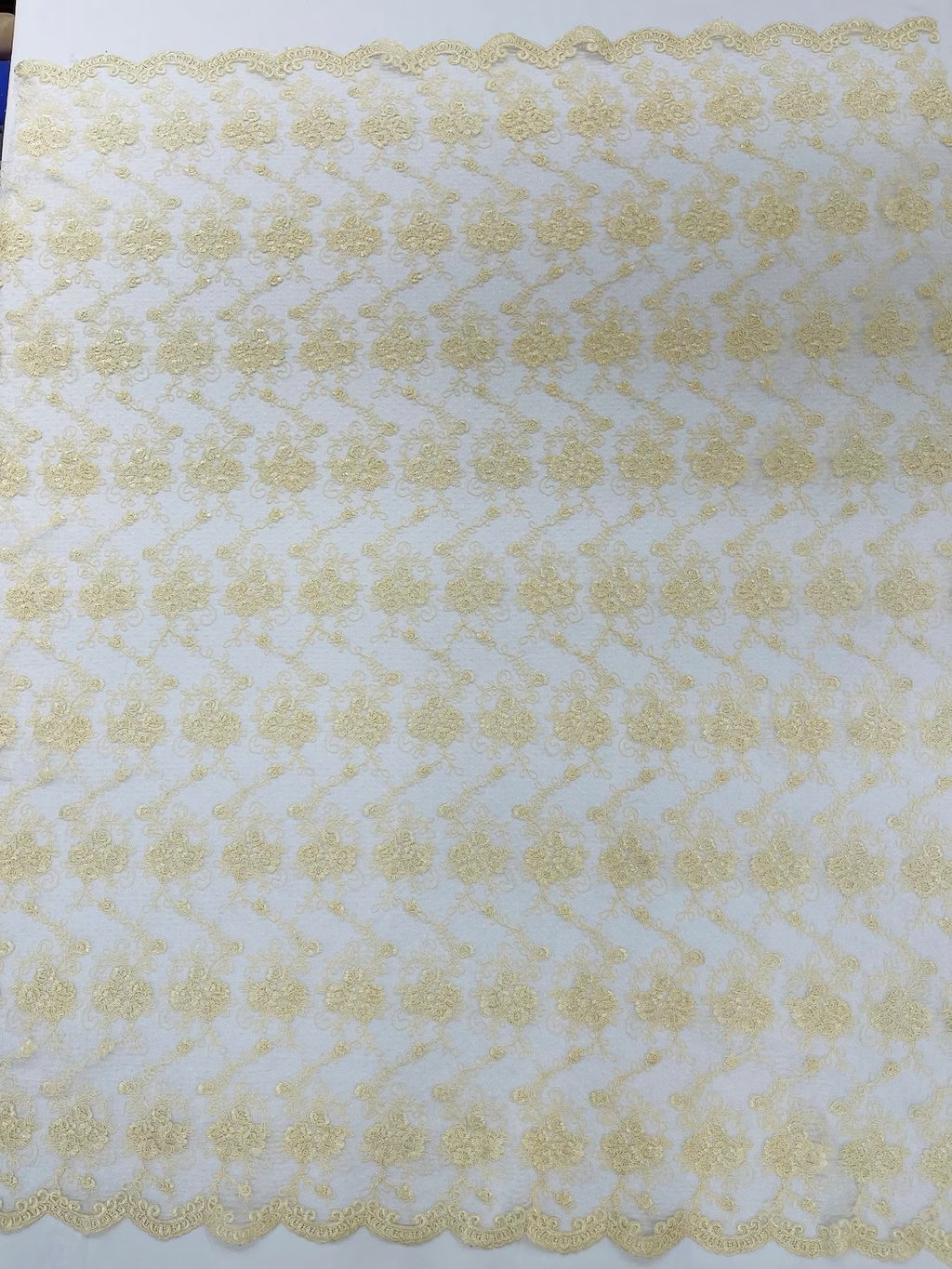 Embroidered Flower Fabric - Ivory - Floral Design Scalloped Border Fabric By Yard