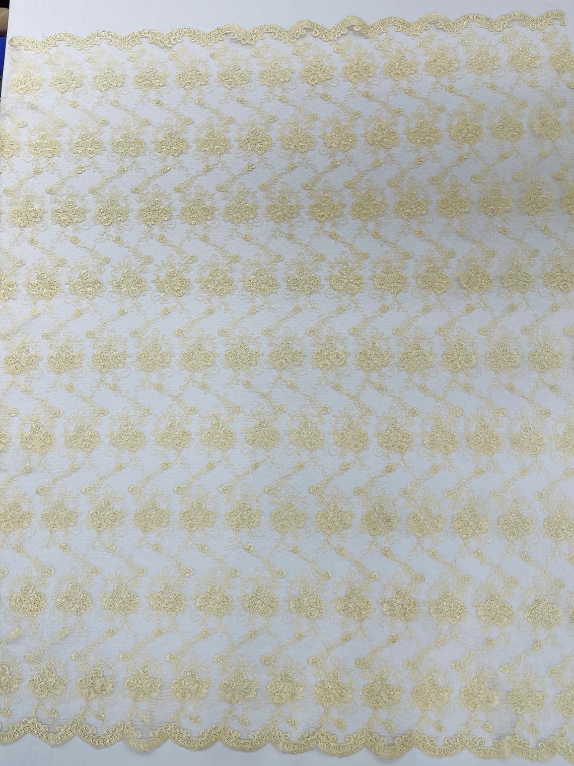 Embroidered Flower Fabric - Ivory - Floral Design Scalloped Border Fabric By Yard
