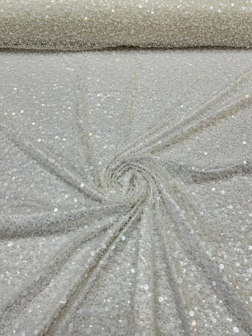 Heavy Duty Sequins Pearl Fabric - Ivory - Heavy Handmade Embroidery Lace with Sequins All Over By Yard