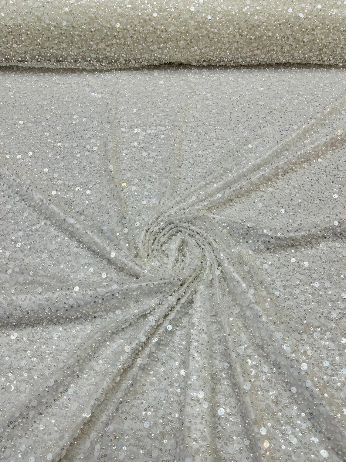 Heavy Duty Sequins Pearl Fabric - Ivory - Heavy Handmade Embroidery Lace with Sequins All Over By Yard