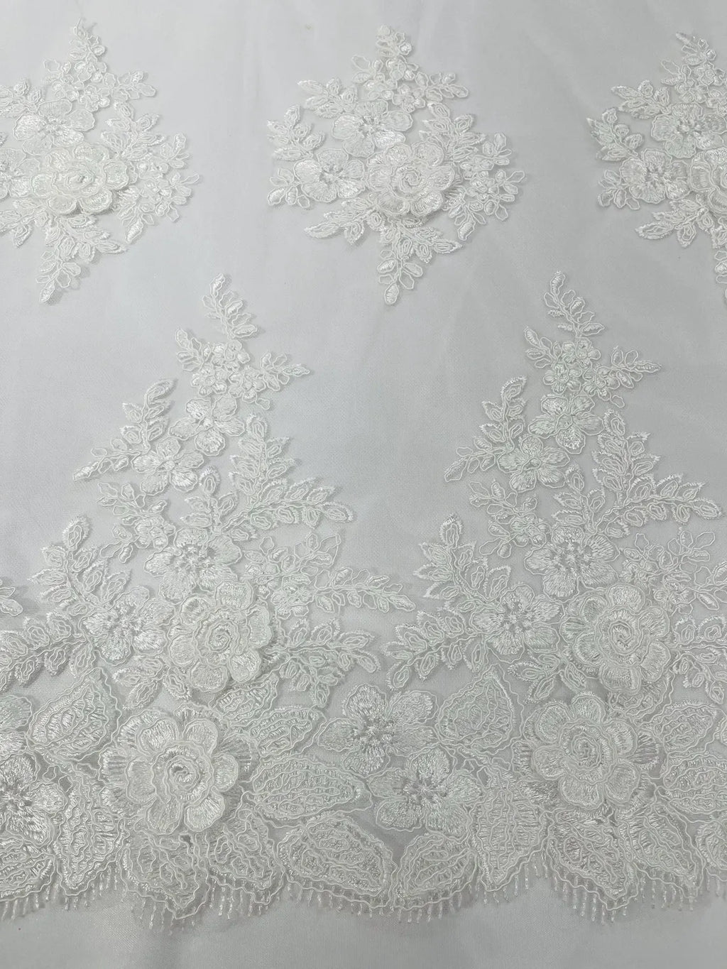 Corded Floral 3D Fabric - Ivory - Embroidered Floral Design on Lace Mesh Fabric by Yard