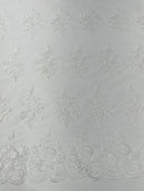 Floral Lace Flower Fabric - Ivory - Floral Embroidered Fabric with Sequins on Lace By Yard