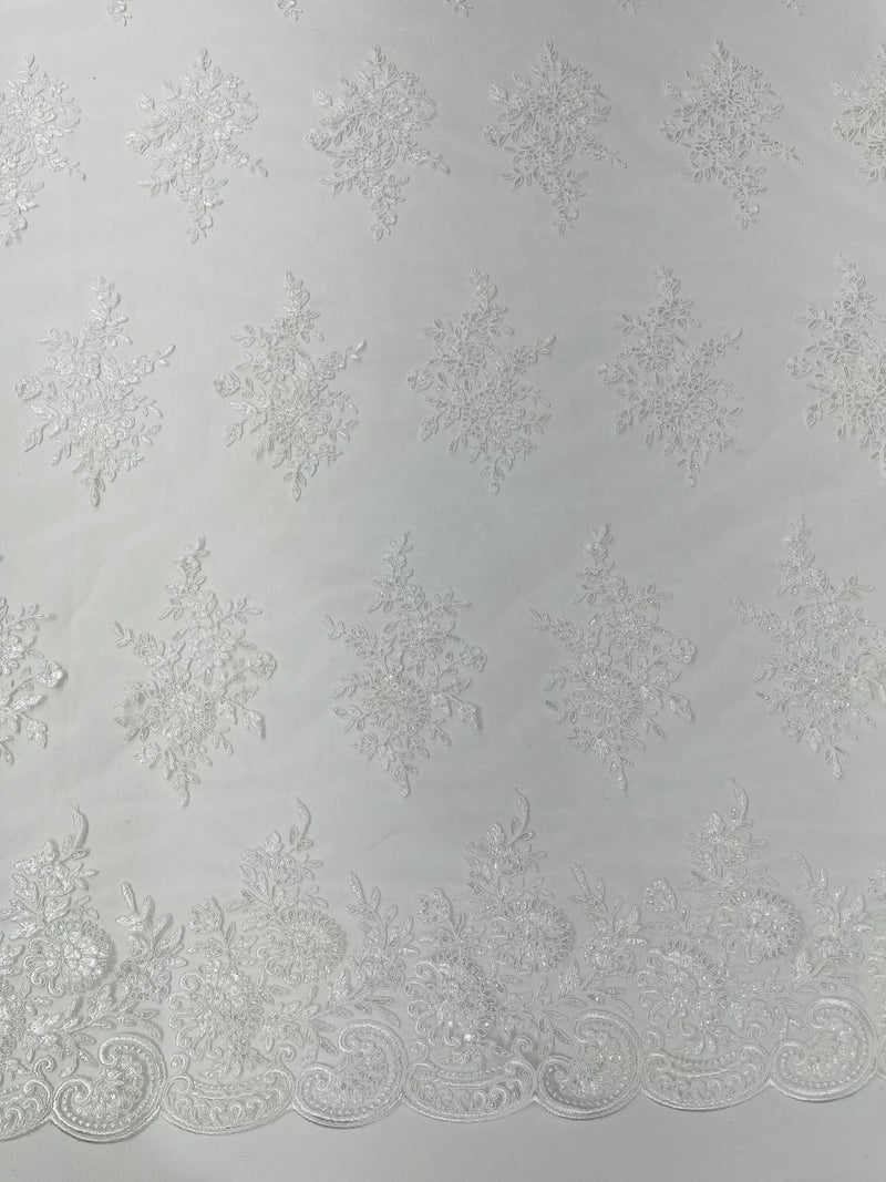 Floral Lace Flower Fabric - Ivory - Floral Embroidered Fabric with Sequins on Lace By Yard