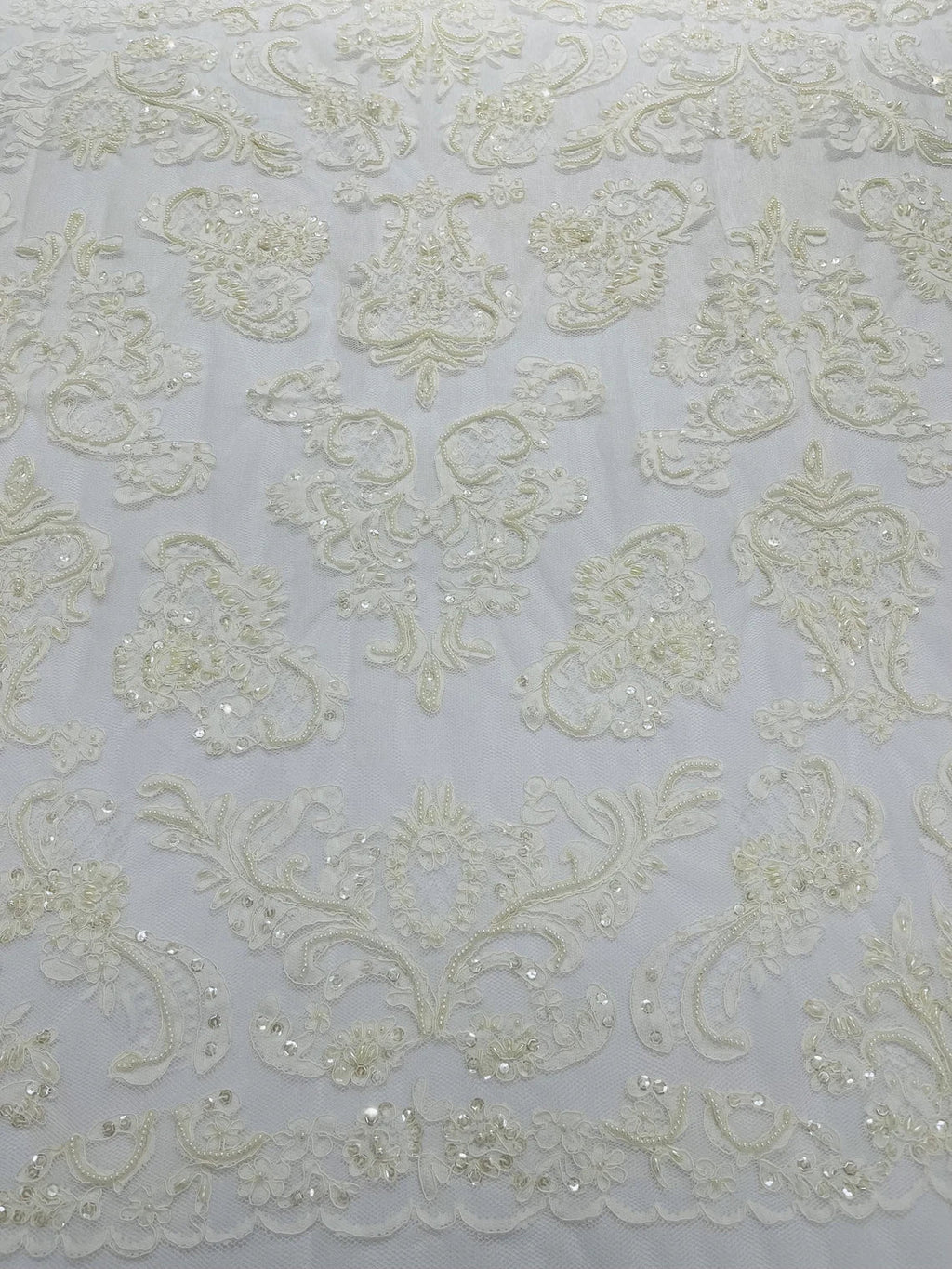 Beaded My Lady Damask Design - Ivory - Beaded Fancy Damask Embroidered Fabric By Yard