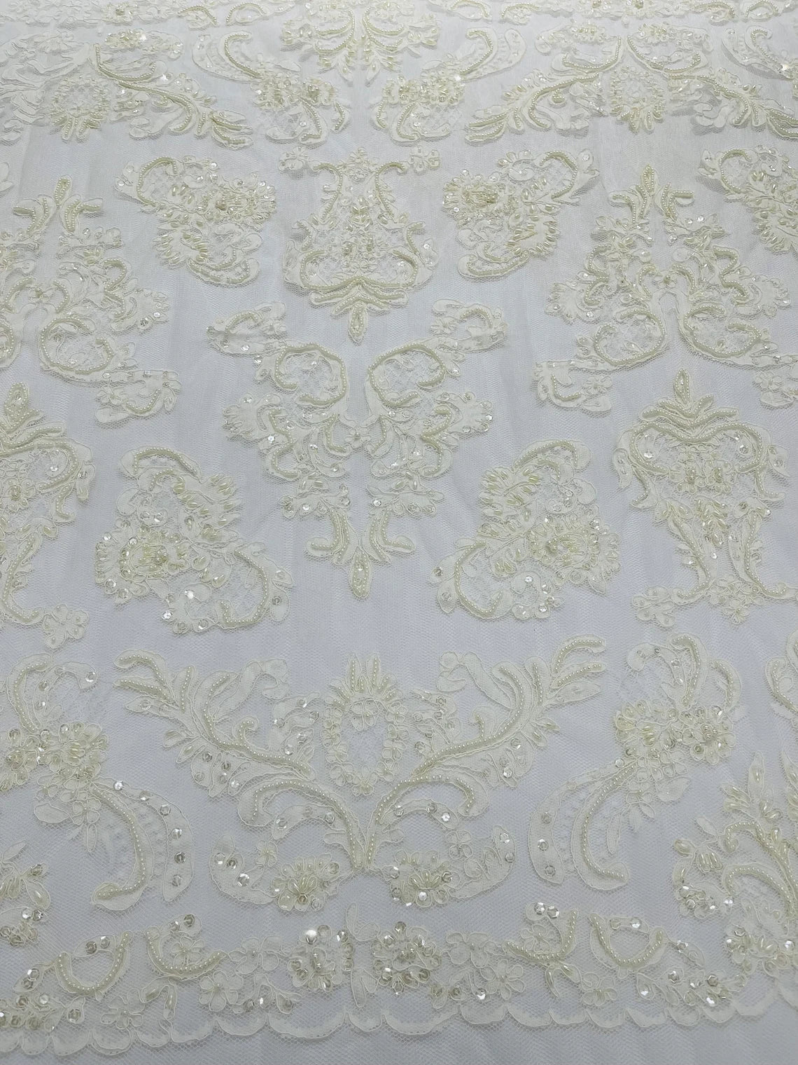 Beaded My Lady Damask Design - Ivory - Beaded Fancy Damask Embroidered Fabric By Yard