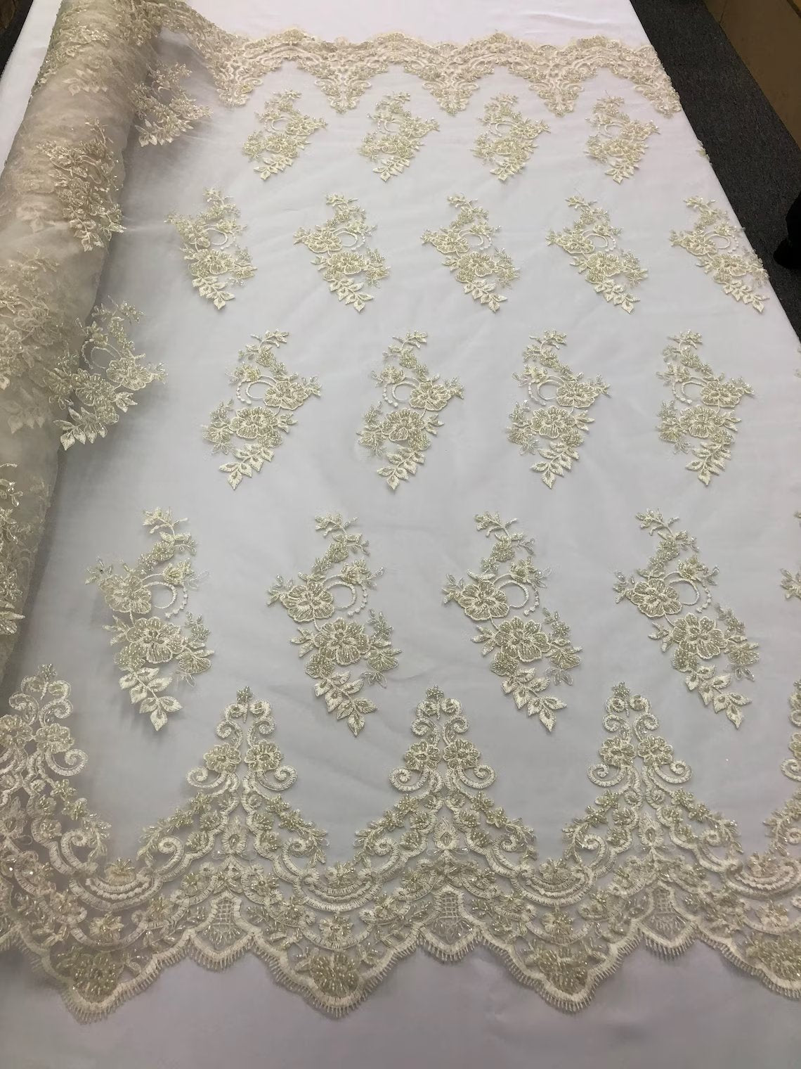 Beaded Floral Fabric - Ivory - Embroidered Flower Cluster Beaded Fabric Sold By Yard