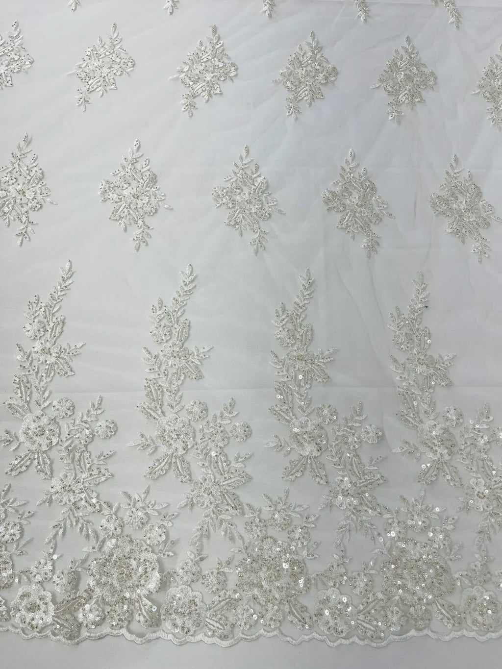 Beaded Rose Flower Fabric - Ivory - Embroidered Beaded Long Border Floral Fabric By Yard