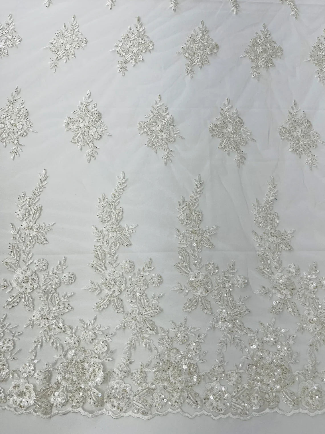 Beaded Rose Flower Fabric - Ivory - Embroidered Beaded Long Border Floral Fabric By Yard