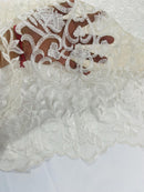 Fancy Damask Lace Fabric - Ivory - Embroidered Damask Design Mesh on Lace Fabric by Yard
