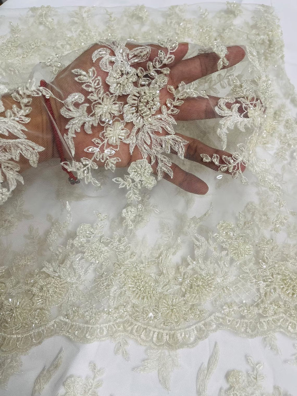 Floral Leaf Beaded Fabric - Ivory - Embroidered Flower Leaf Design Beaded Fabric By Yard
