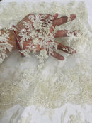 Floral Leaf Beaded Fabric - Ivory - Embroidered Flower Leaf Design Beaded Fabric By Yard