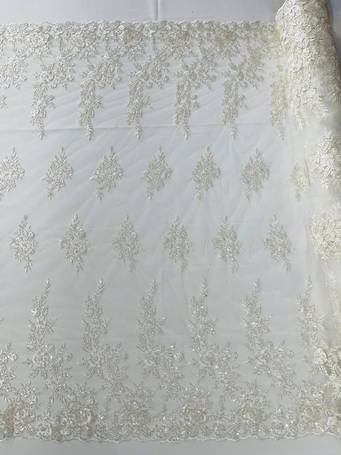 Beaded Rose Flower Fabric - Ivory - Embroidered Beaded Long Border Floral Fabric By Yard