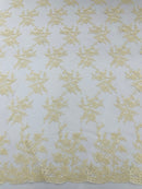 Embroidered Corded Lace Fabric - Ivory - Cluster Fancy Flower Embroidered Lace Fabric By Yard