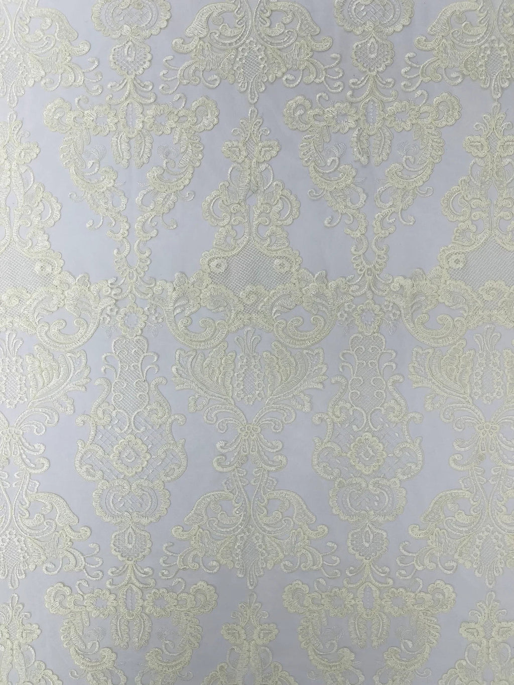 King Lace Pattern Fabric - Ivory - Embroidered Sequins on Lace Mesh Fabric By Yard