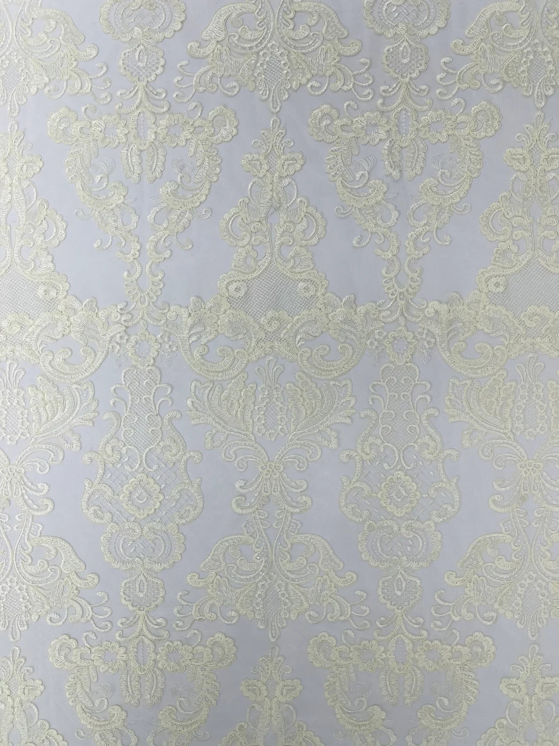 King Lace Pattern Fabric - Ivory - Embroidered Sequins on Lace Mesh Fabric By Yard