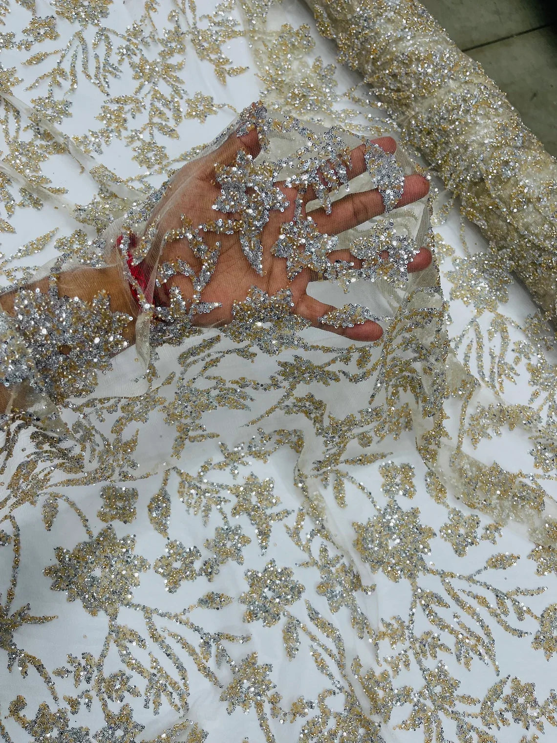 Floral Silver Beaded Fabric - Ivory - Flower Design with Silver Beads and Sequins on Lace by Yard