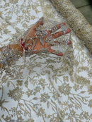 Floral Silver Beaded Fabric - Ivory - Flower Design with Silver Beads and Sequins on Lace by Yard