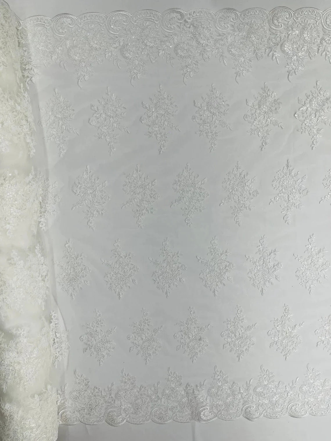 Floral Lace Flower Fabric - Ivory - Floral Embroidered Fabric with Sequins on Lace By Yard