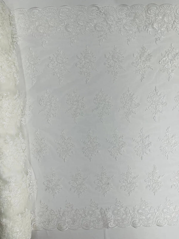 Floral Lace Flower Fabric - Ivory - Floral Embroidered Fabric with Sequins on Lace By Yard