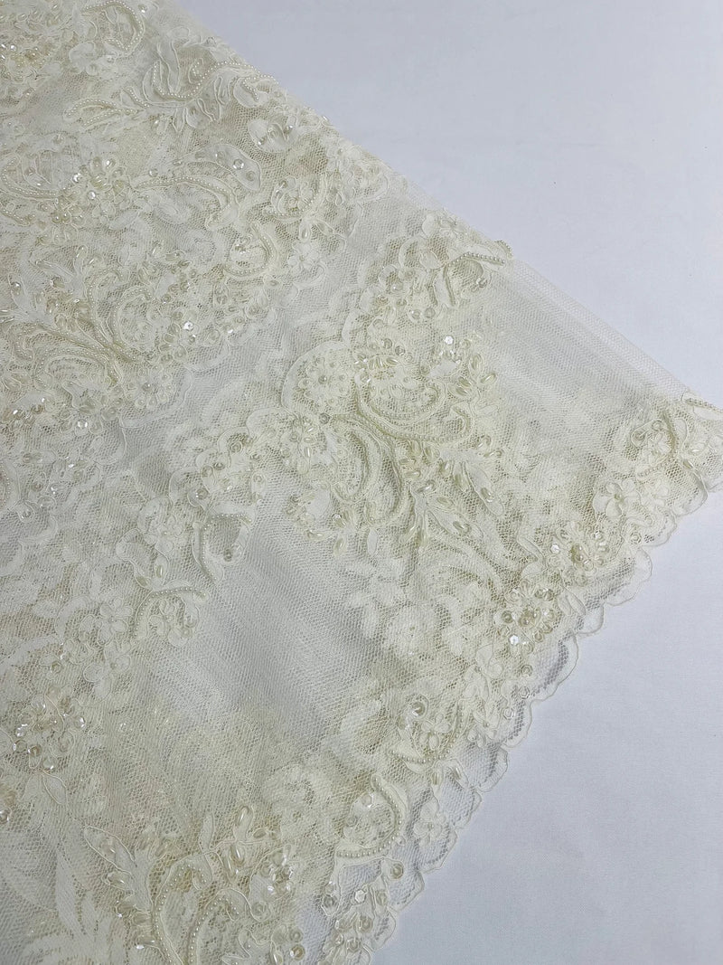 Beaded My Lady Damask Design - Ivory - Beaded Fancy Damask Embroidered Fabric By Yard