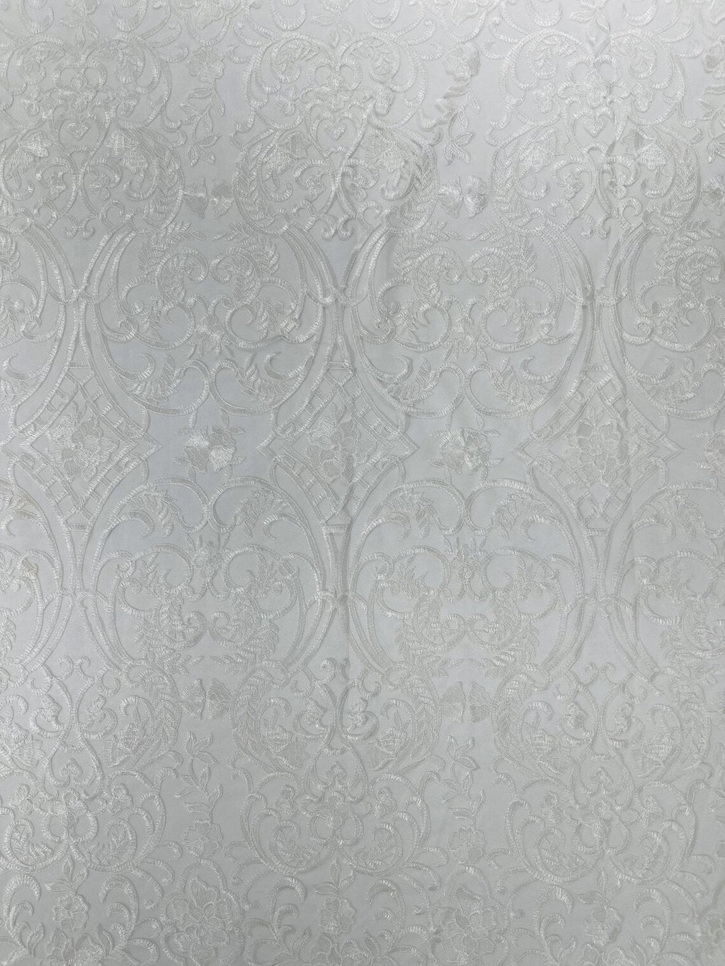 Fancy Damask Lace Fabric - Ivory - Embroidered Damask Design Mesh on Lace Fabric by Yard