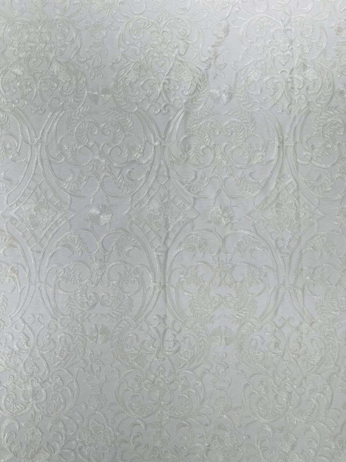 Fancy Damask Lace Fabric - Ivory - Embroidered Damask Design Mesh on Lace Fabric by Yard