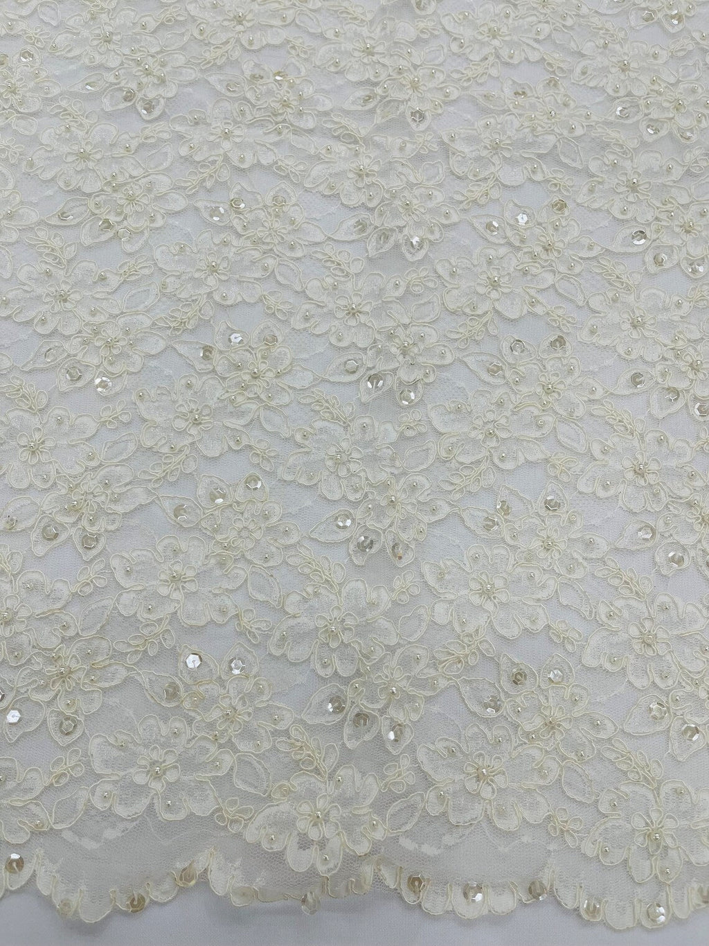 Floral Pearls and Sequins Fabric - Ivory - Beaded Fabric Embroidered Lace By The Yard