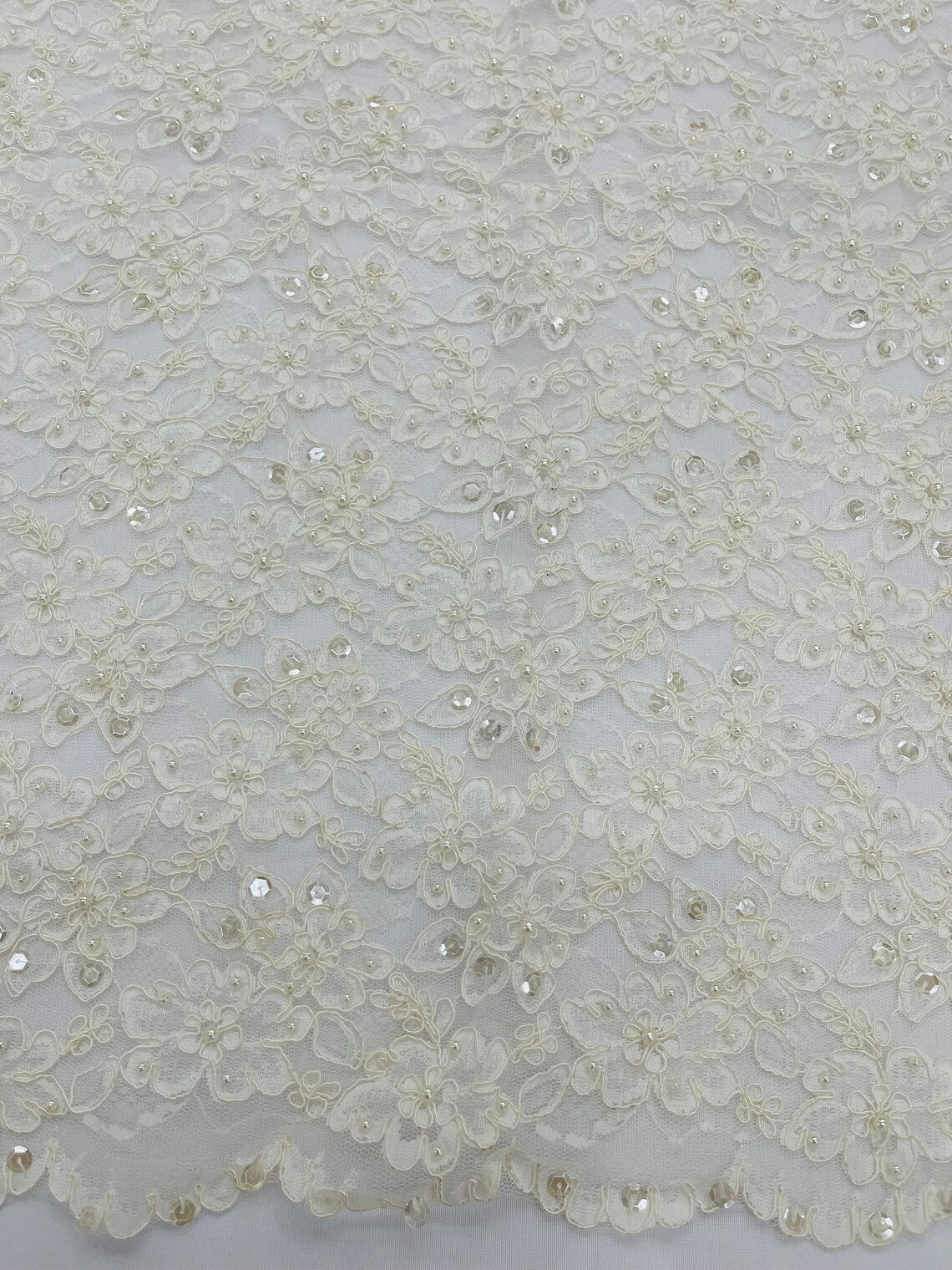 Floral Pearls and Sequins Fabric - Ivory - Beaded Fabric Embroidered Lace By The Yard