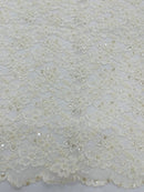 Floral Pearls and Sequins Fabric - Ivory - Beaded Fabric Embroidered Lace By The Yard