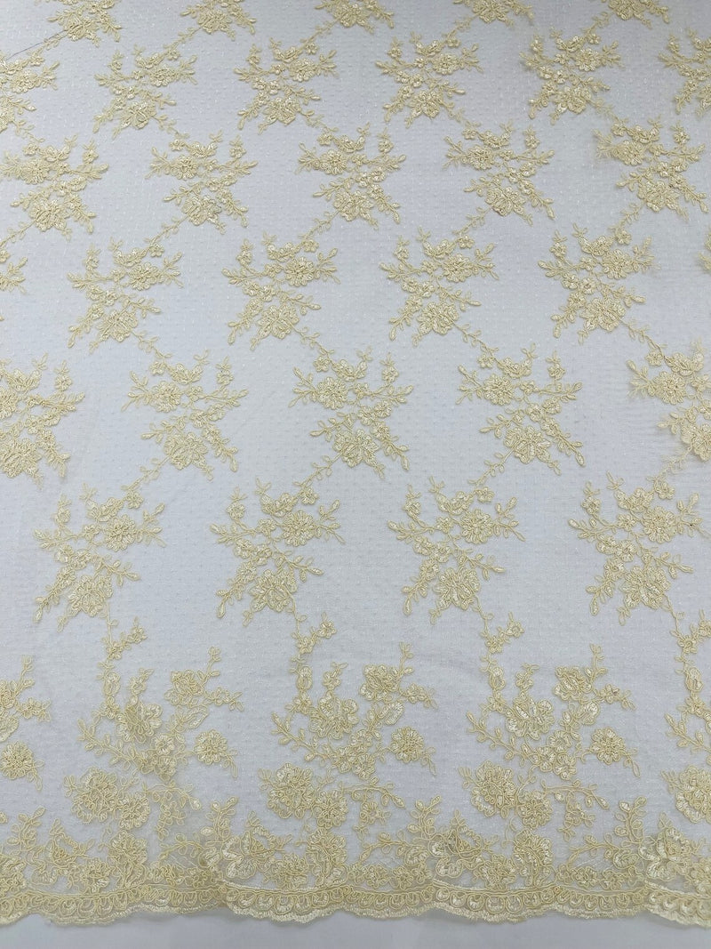 Embroidered Corded Lace Fabric - Ivory - Cluster Fancy Flower Embroidered Lace Fabric By Yard