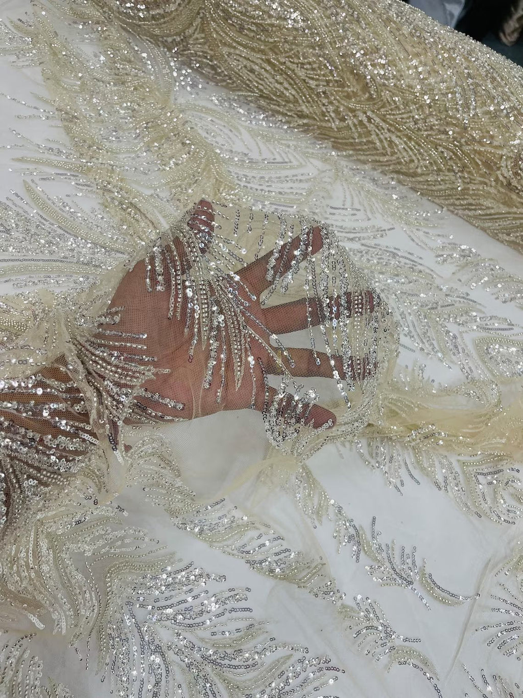 Beaded Lines Fabric - Ivory - Luxury Beads and Sequins Line Design Fabric By Yard