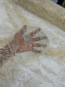 Beaded Lines Fabric - Ivory - Luxury Beads and Sequins Line Design Fabric By Yard