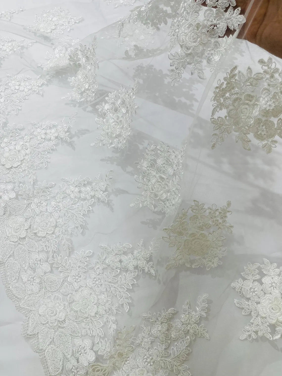 Corded Floral 3D Fabric - Ivory - Embroidered Floral Design on Lace Mesh Fabric by Yard