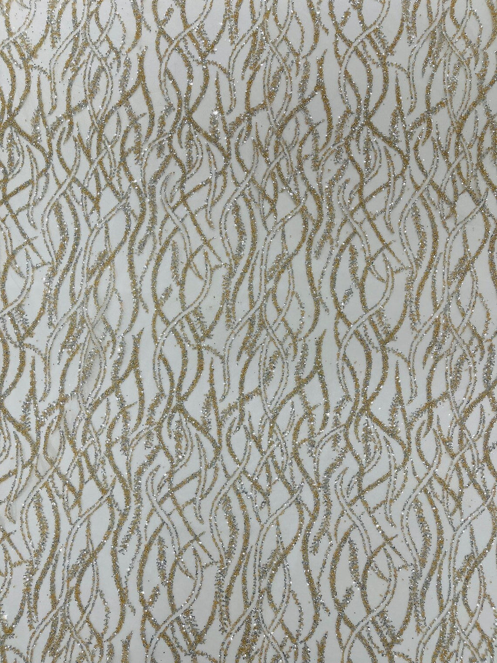 Glitter Wavy Bead Fabric - Ivory - Sequins, Bead, Glitter Design on Lace Fabric By Yard