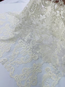 King Lace Pattern Fabric - Ivory - Embroidered Sequins on Lace Mesh Fabric By Yard