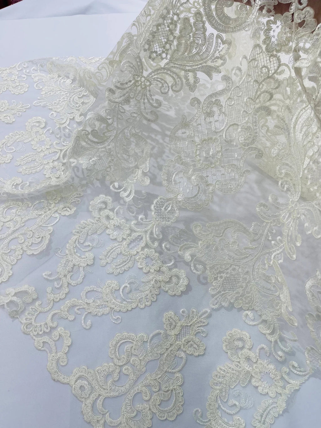 King Lace Pattern Fabric - Ivory - Embroidered Sequins on Lace Mesh Fabric By Yard