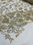 Floral Silver Beaded Fabric - Ivory - Flower Design with Silver Beads and Sequins on Lace by Yard