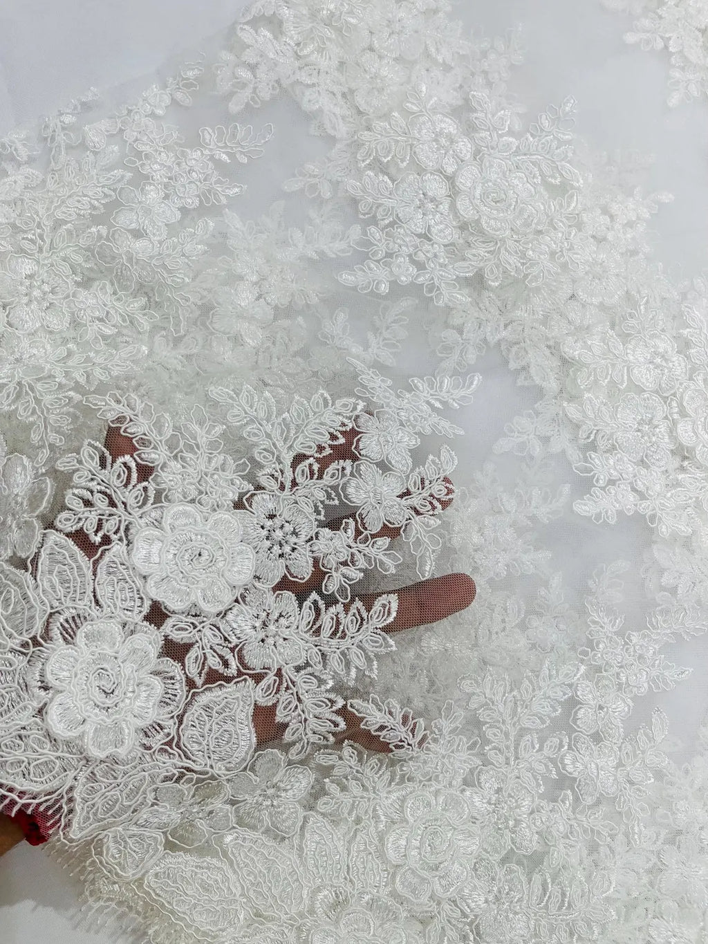 Corded Floral 3D Fabric - Ivory - Embroidered Floral Design on Lace Mesh Fabric by Yard