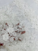 Corded Floral 3D Fabric - Ivory - Embroidered Floral Design on Lace Mesh Fabric by Yard