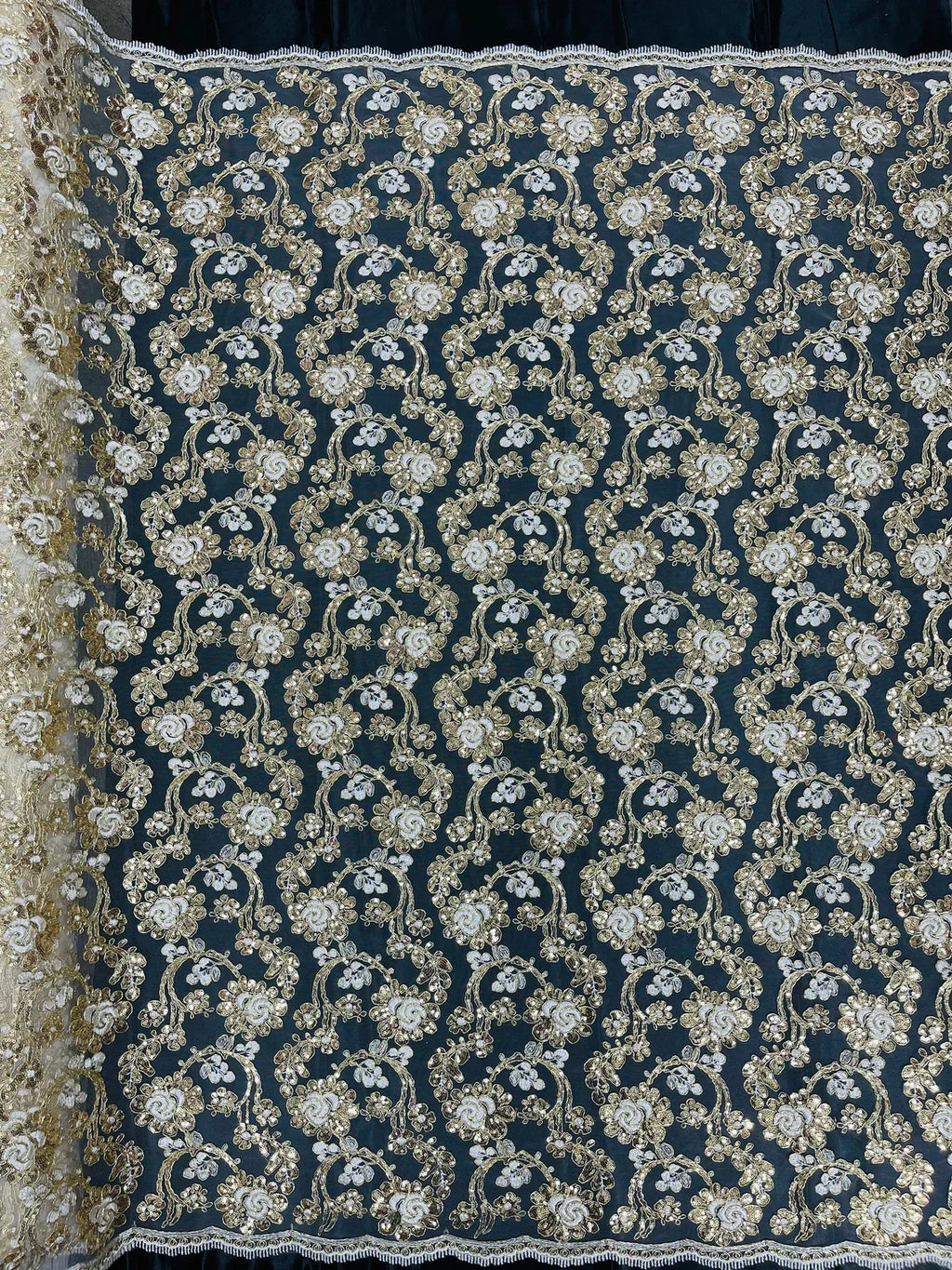 Corded Sequins Flower Lace - Ivory / Gold - Corded Floral Lace With Sequins Sold By Yard