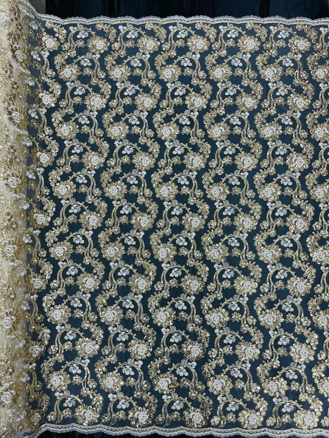 Corded Sequins Flower Lace - Ivory / Gold - Corded Floral Lace With Sequins Sold By Yard