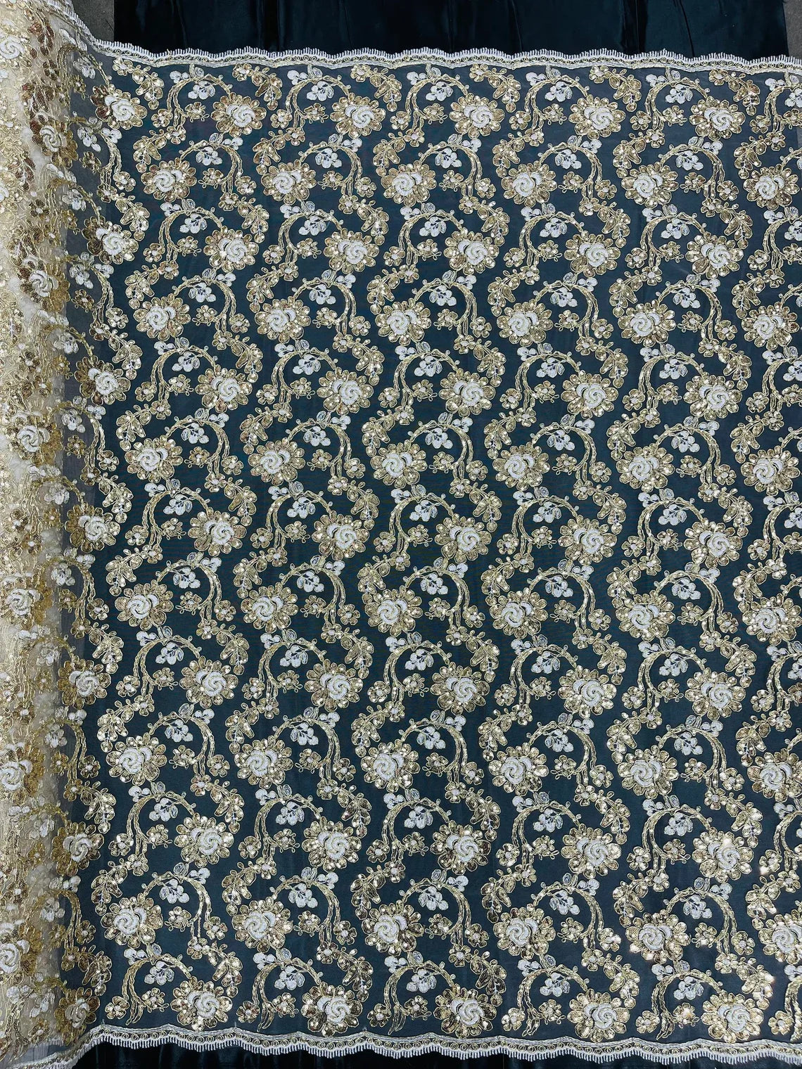 Corded Sequins Flower Lace - Ivory / Gold - Corded Floral Lace With Sequins Sold By Yard