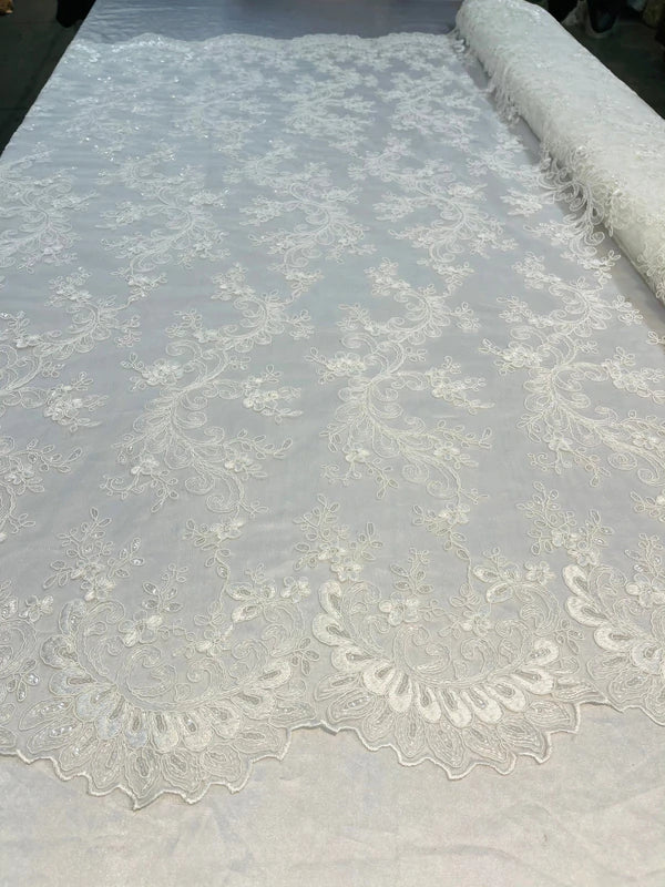 Lace Sequins Fabric - Corded Flower Embroidery Design Mesh Fabric - 25 Yard Roll