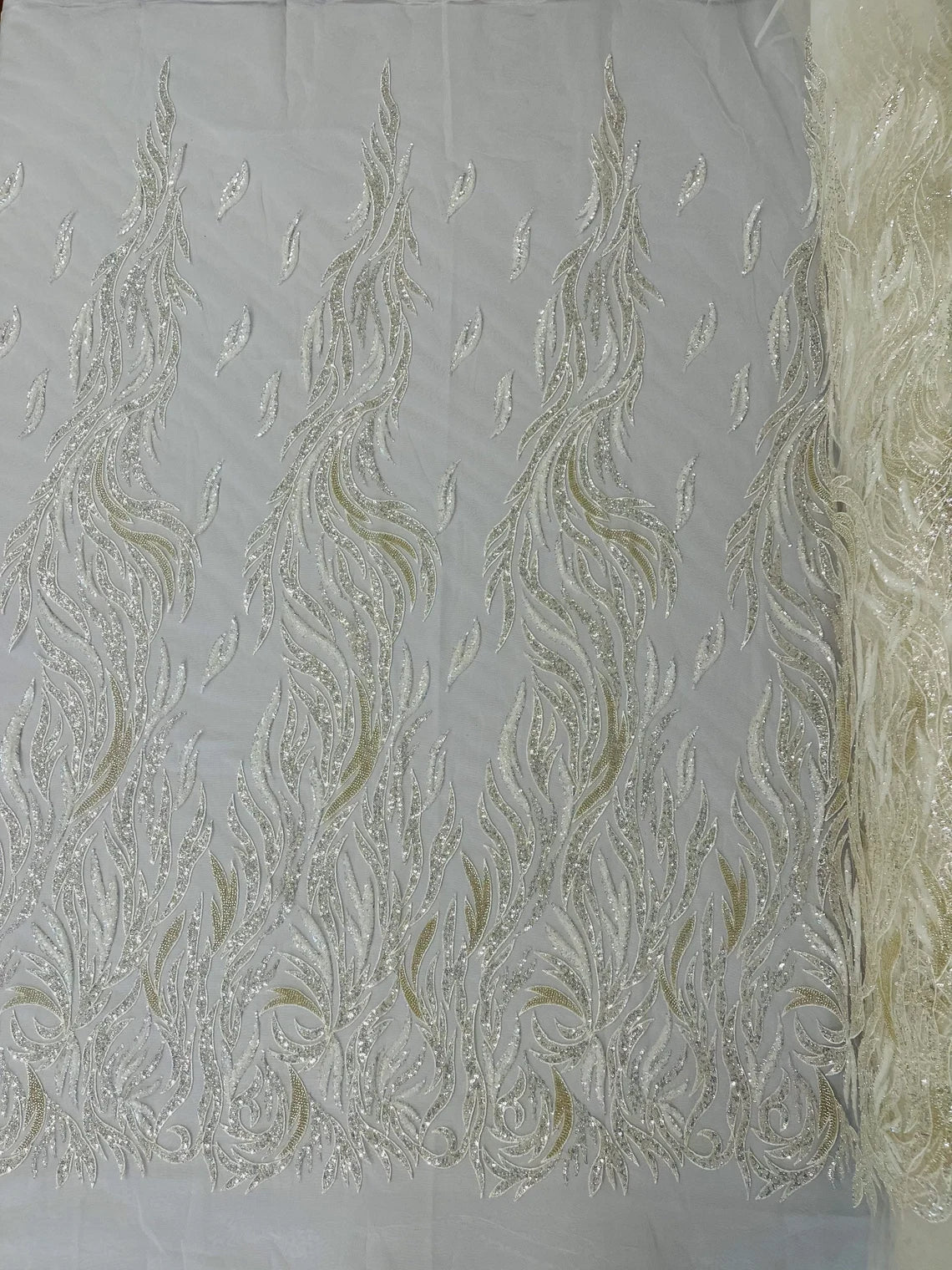 Fire Flame Bead Design - Ivory - Embroidered Fire Flame Design Fabric with Beads by Yard