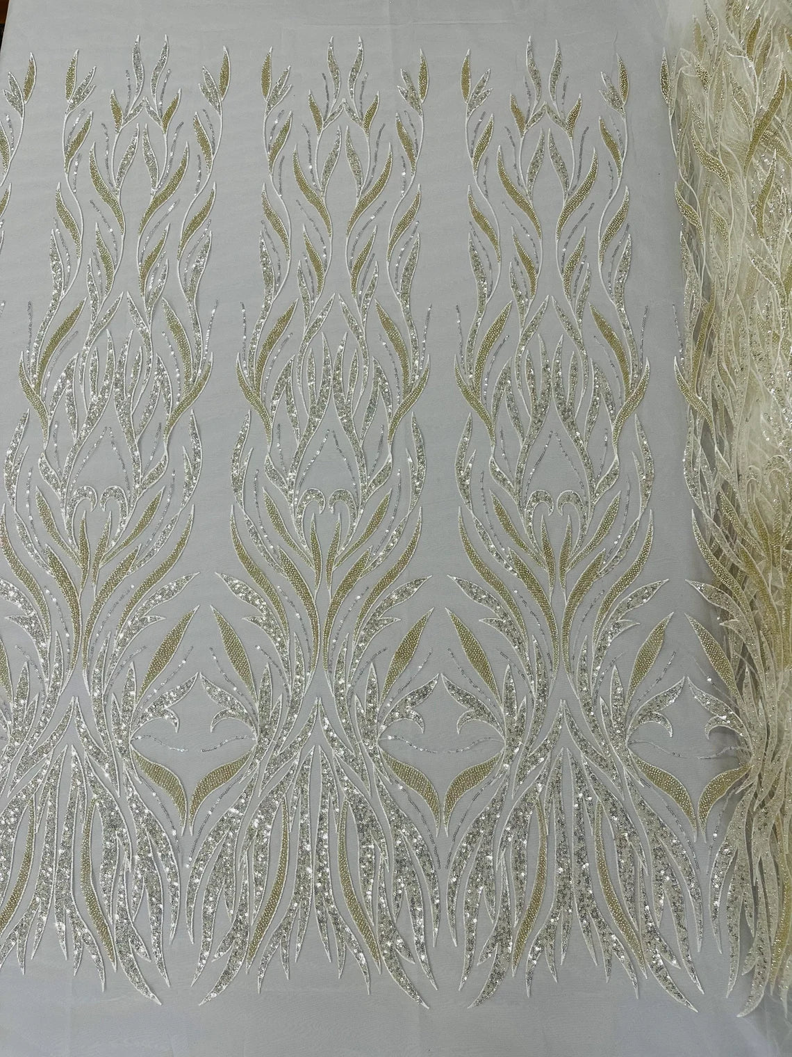 Beaded Elegant Leaf Fabric - Ivory - Embroidered Leaf Design Beaded Fabric Sold by Yard
