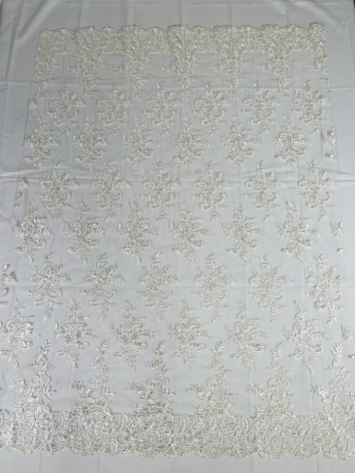 Lace Flower Cluster Fabric - Ivory - Embroidered Flower With Sequins on a Mesh Lace Fabric By Yard