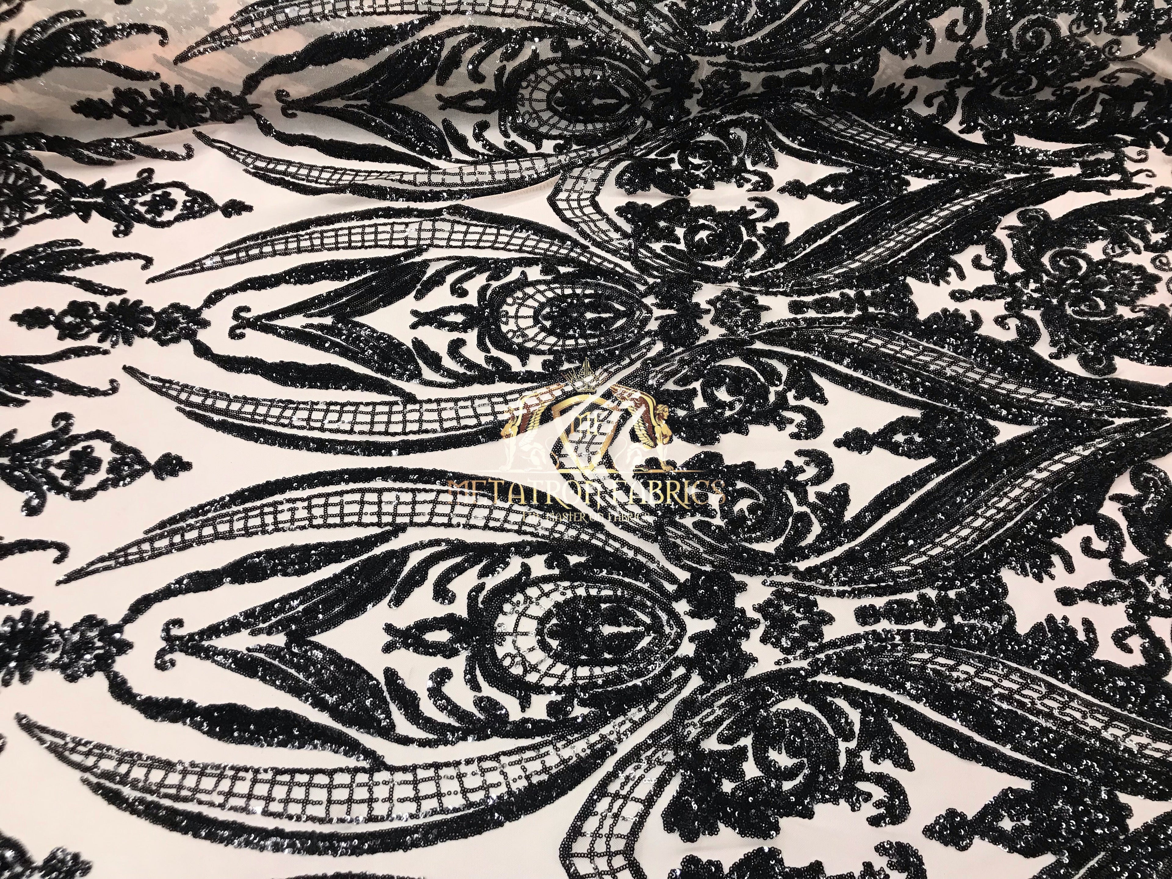 Black - Sequins 4 Way Stretch Fabric Embroidered On Mesh Sold By The Yard