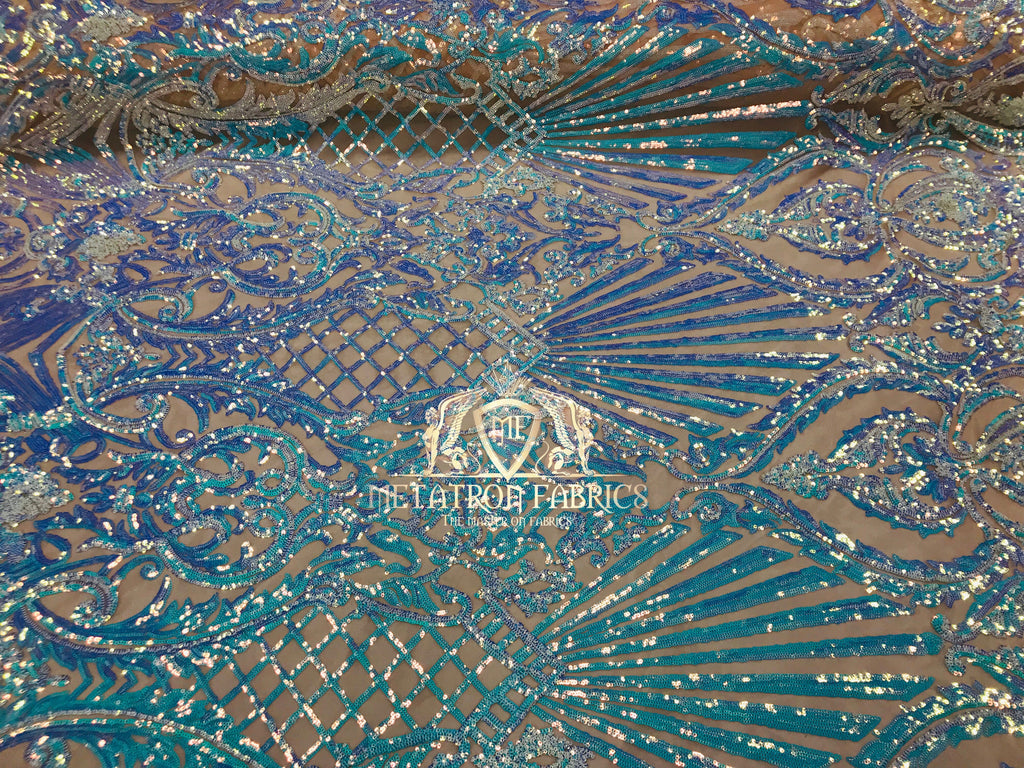 Iridescent Sequins - Lilac / Aqua - 4 Way Stretch Damask Design Fabric On Stretch Mesh By The Yard