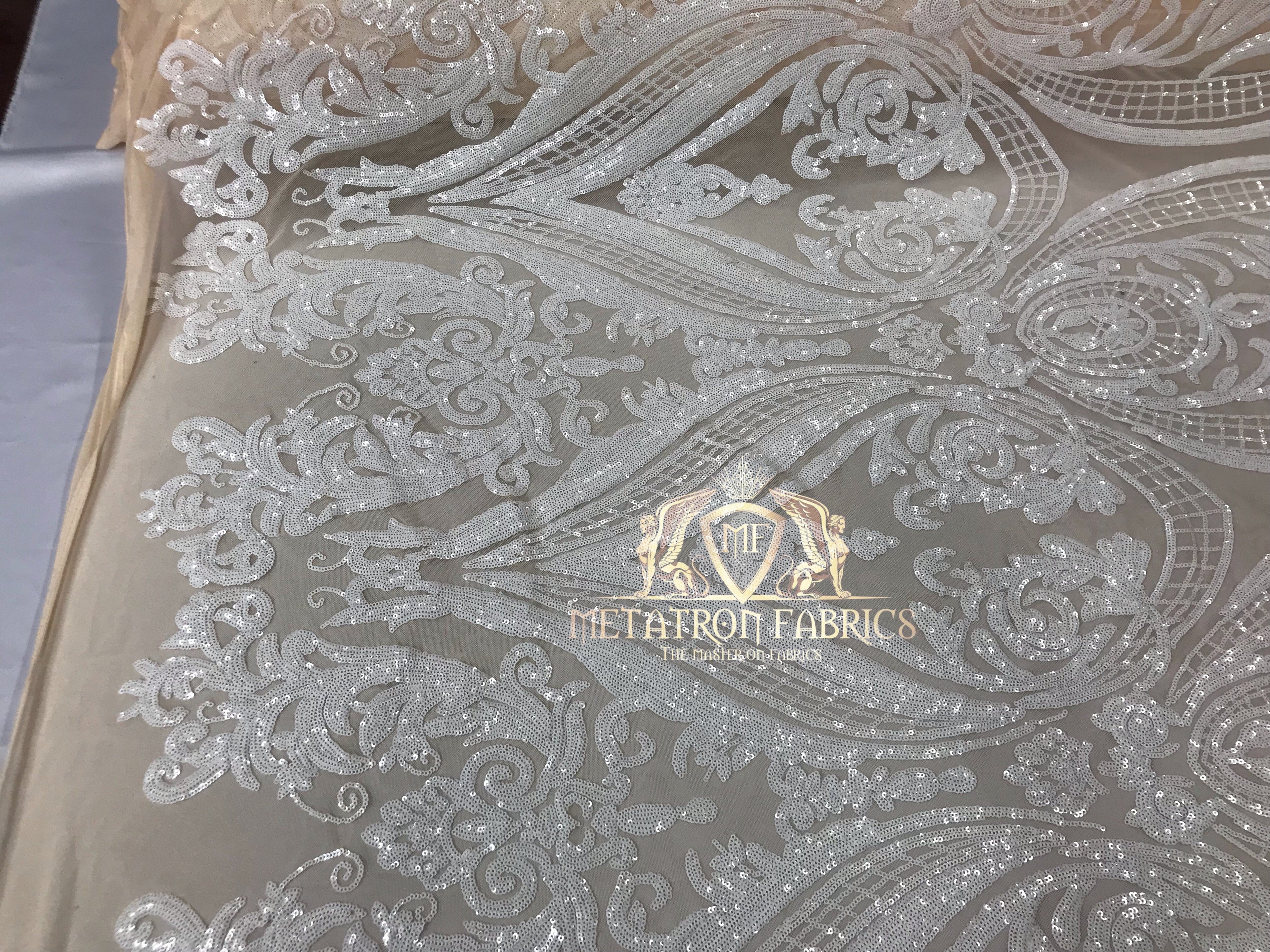 Big Damask Sequins Fabric - White on Nude Mesh - 4 Way Stretch Damask Sequins Design Fabric By Yard